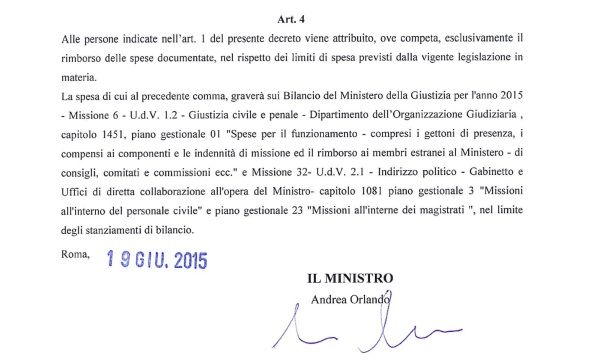 Il decreto del 19 giugno con cui il ministero ha nominato i coordinatori dei tavoli tematici, che prevede il rimborso spese nei limiti di legge